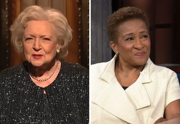Celebrity lookalikes Betty White and Wanda Sykes side-by-side wearing elegant jackets.