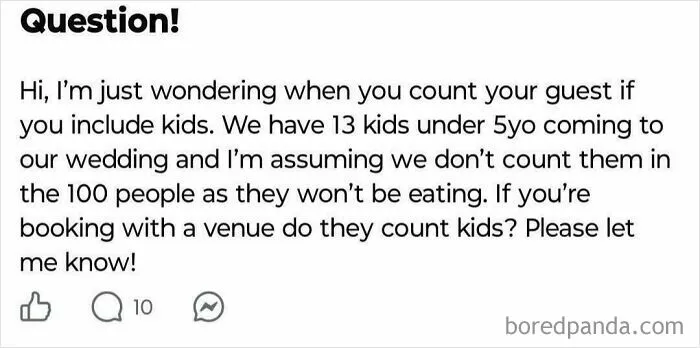 A social media post about questionable wedding moments where a host asks if children count as guests.