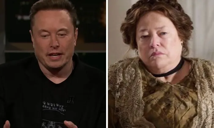 Side-by-side comparison of celebrity lookalikes Elon Musk and Kathy Bates