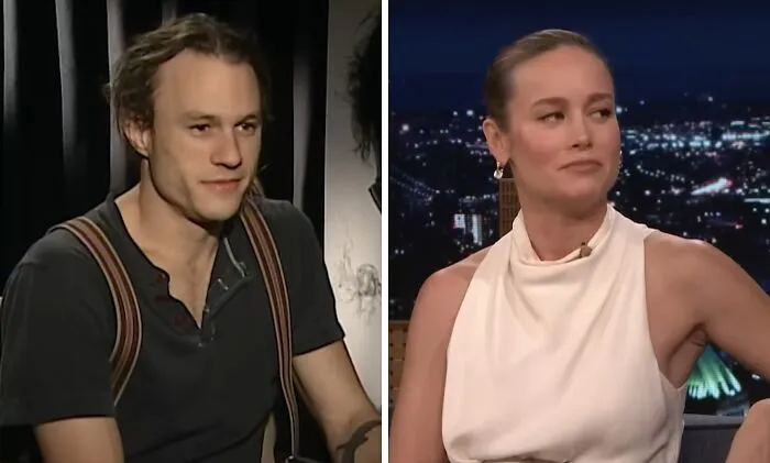 Side-by-side photos of famous celebrity lookalikes Heath Ledger and Brie Larson smiling.