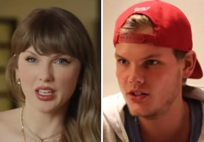 Celebrity lookalikes Taylor Swift and Avicii shown in side-by-side portraits displaying similar features.