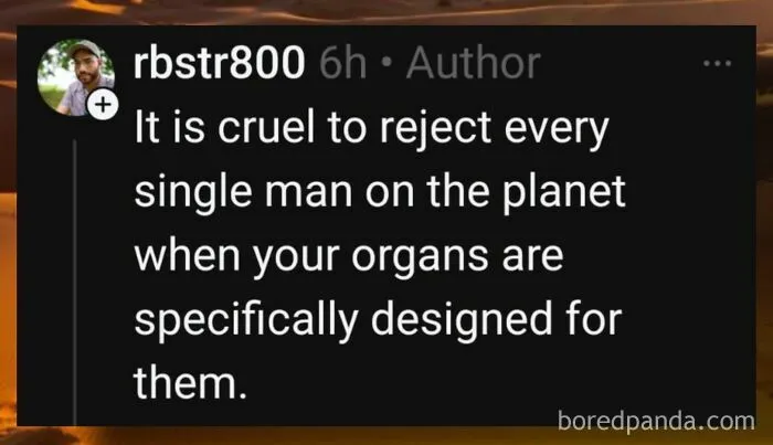 A social media comment about women being viewed as people, claiming their bodies are designed for men.