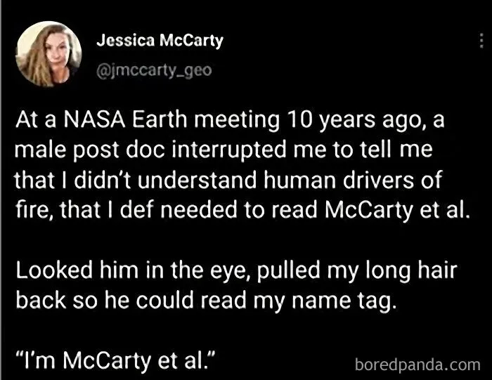 Tweet about a woman correcting a male colleague at a NASA meeting, representing women fighting for respect.
