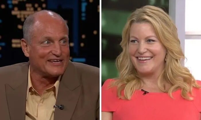 Side-by-side comparison of celebrity lookalikes Woody Harrelson and Jennifer Coolidge.