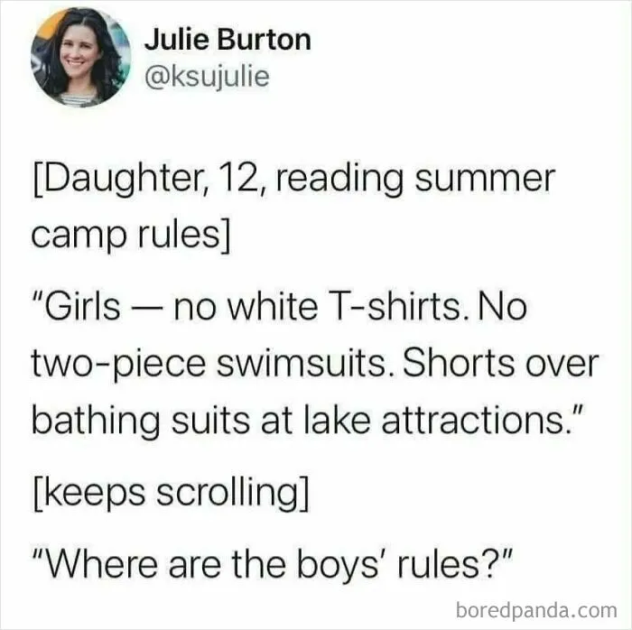 A social media post about camp rules depicting the double standards in how women are viewed as people.