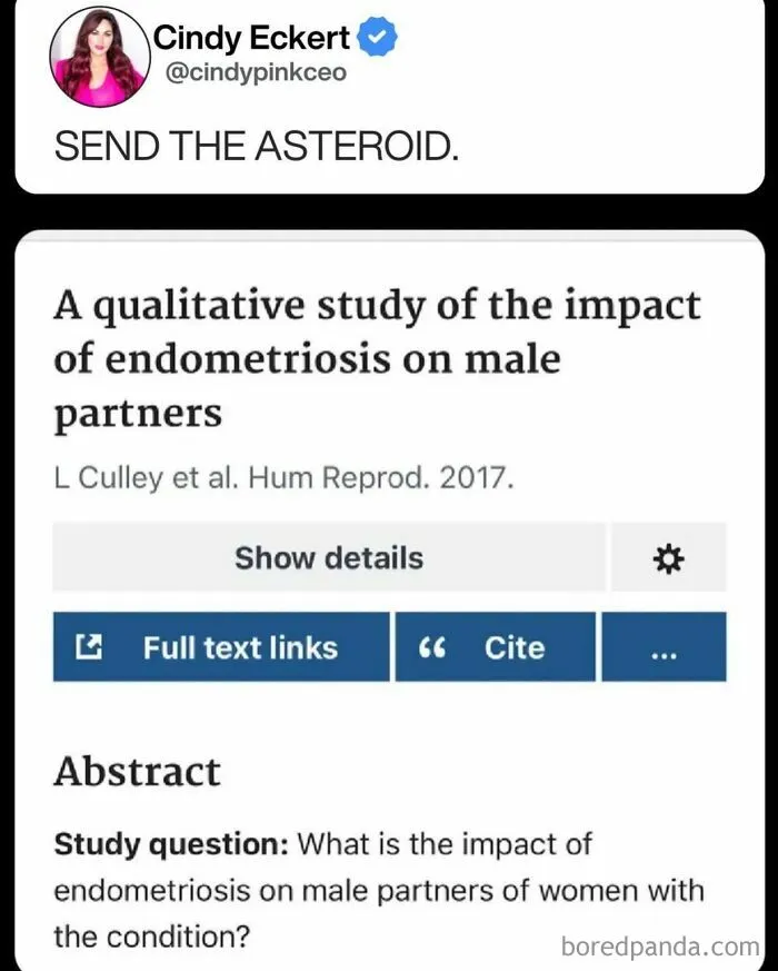 A Tweet criticizing a scientific study on endometriosis, highlighting how women are viewed as people.