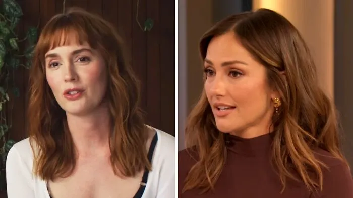 Side-by-side comparison of celebrity lookalikes Leighton Meester and Minka Kelly with brown wavy hair.