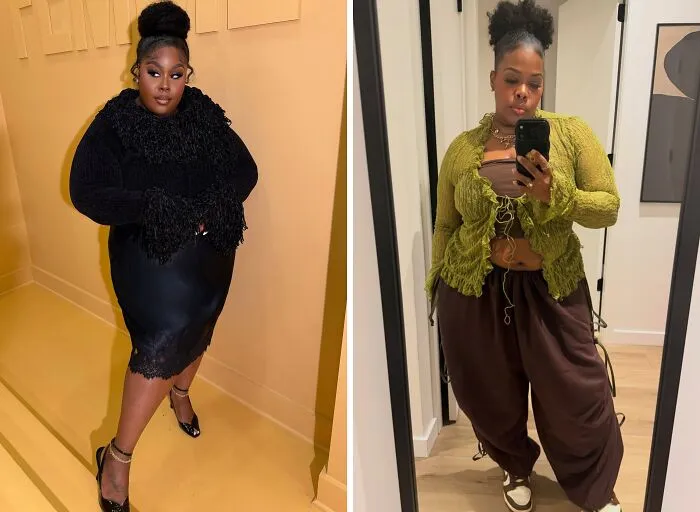 Side-by-side photo of celebrity lookalikes in different outfits