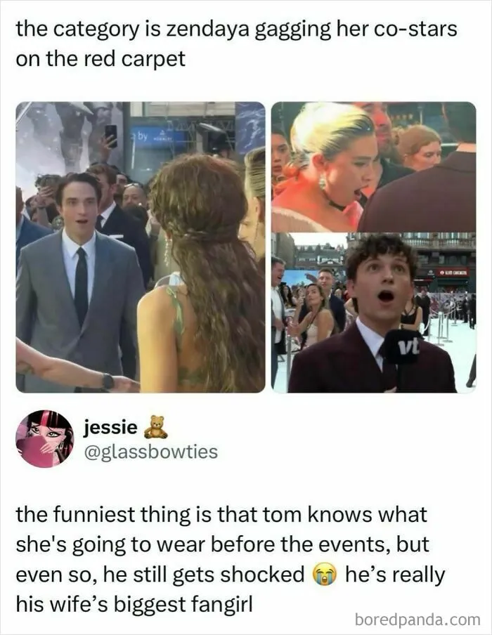 Pop culture news collage of actors reacting in shock to Zendaya on the red carpet