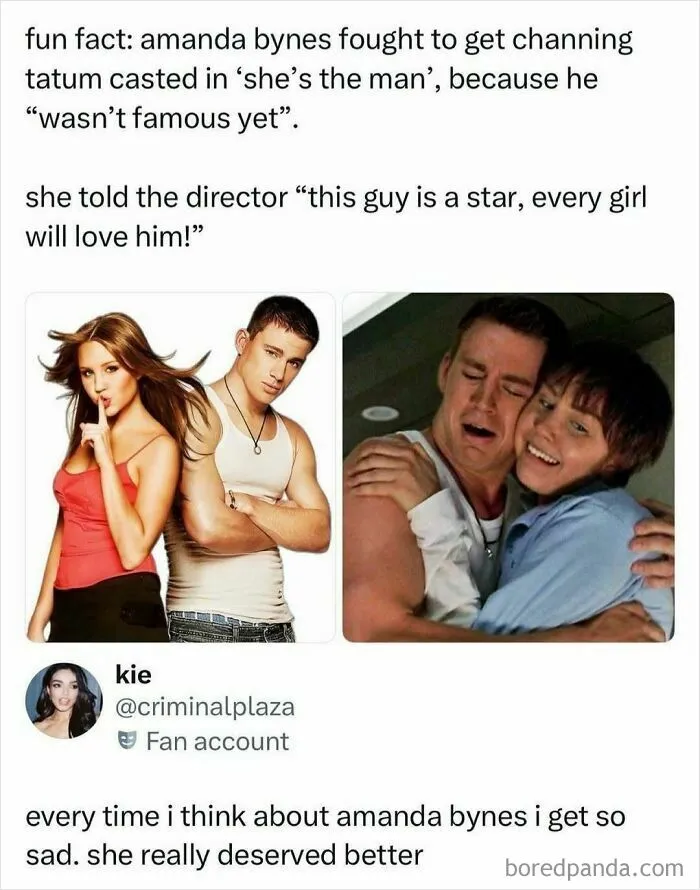 A social media post on Amanda Bynes and Channing Tatum with pop culture news