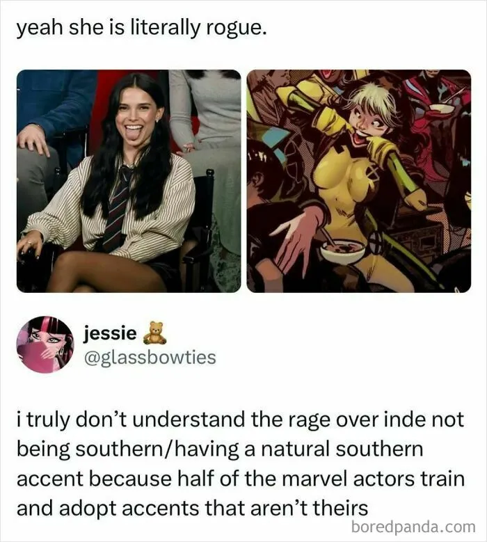 Pop culture news commentary comparing an actress to the comic book character Rogue.