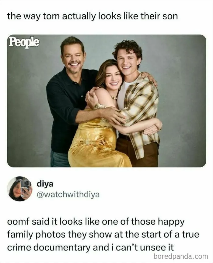 Meme with Matt Damon, Anne Hathaway, and Tom Holland as a happy family, showcasing pop culture news.