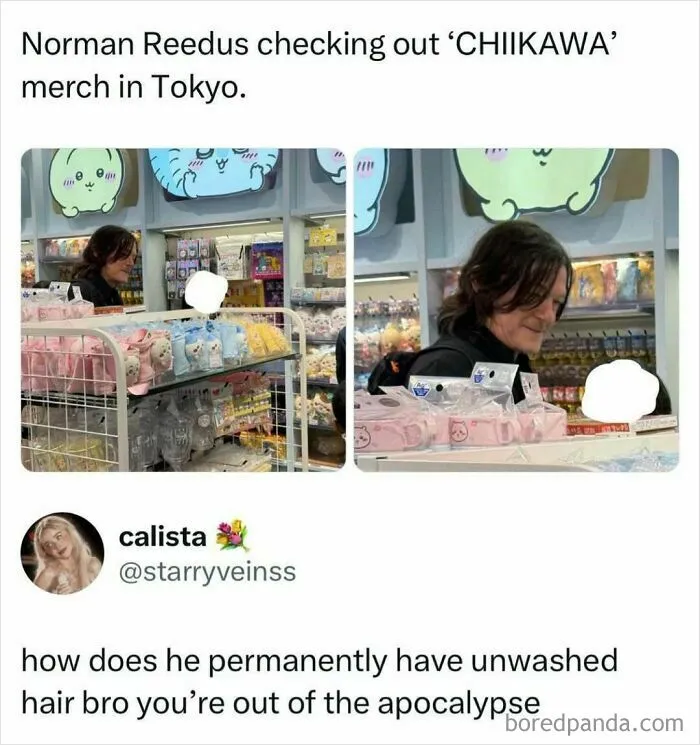 Meme of Norman Reedus looking at Chiikawa merchandise in Tokyo, highlighting pop culture news.