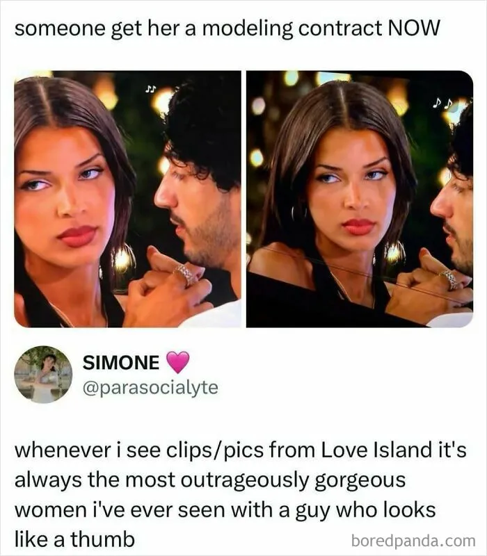 A pop culture news meme depicting a stunning Love Island contestant next to her partner