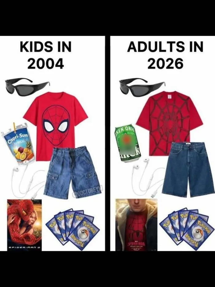 Relatable meme comparing outfit nostalgia for kids in 2004 versus adults in 2026