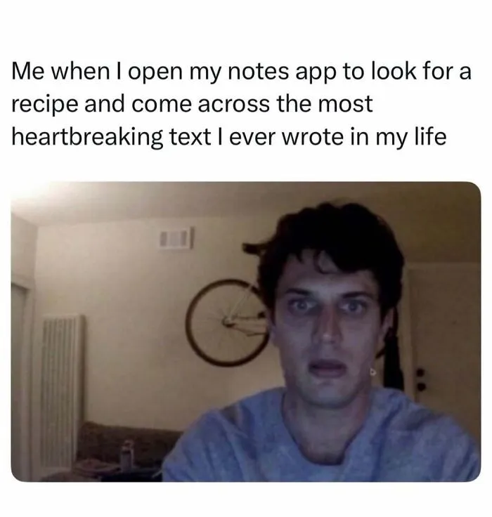 Relatable memes with a man staring shocked and traumatized into a camera.