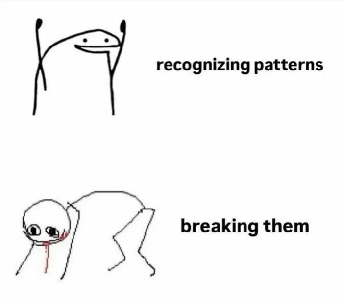 A doodle illustration depicting the struggle of breaking patterns as part of relatable memes