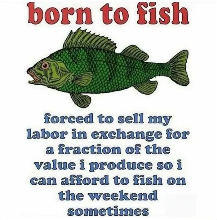 Humorous born to fish meme about working hard to afford weekend fishing