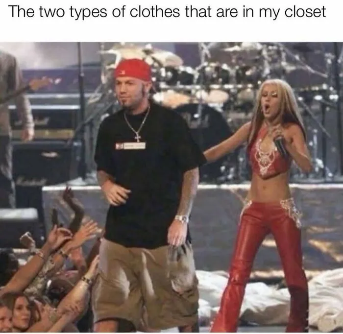 Hilariously relatable memes comparing two extremely different clothing styles in a closet.