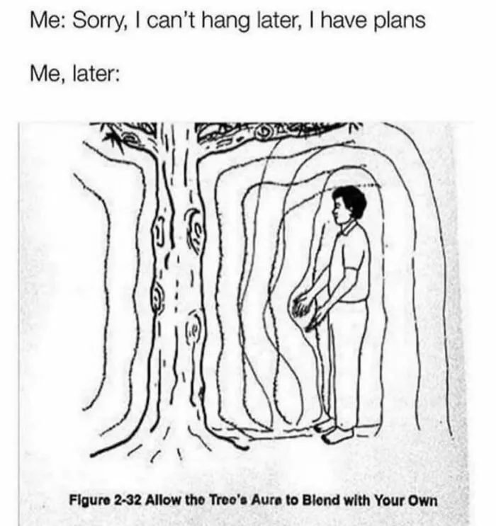 A black and white sketch about blending with a tree aura as one of many relatable memes