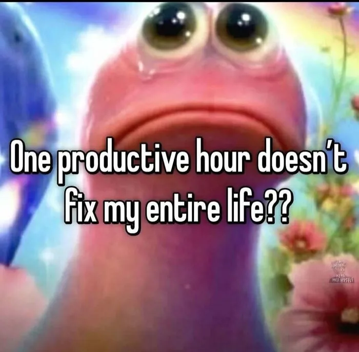A crying pink puppet meme representing hilariously relatable memes about productivity in life