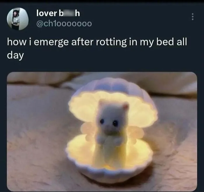Relatable memes with a tweet about bed rotting showing a cute, glowing toy kitten in a shell.