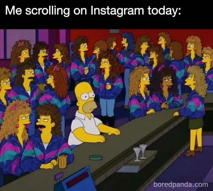 Relatable memes with Homer Simpson sitting at a bar surrounded by identical women.