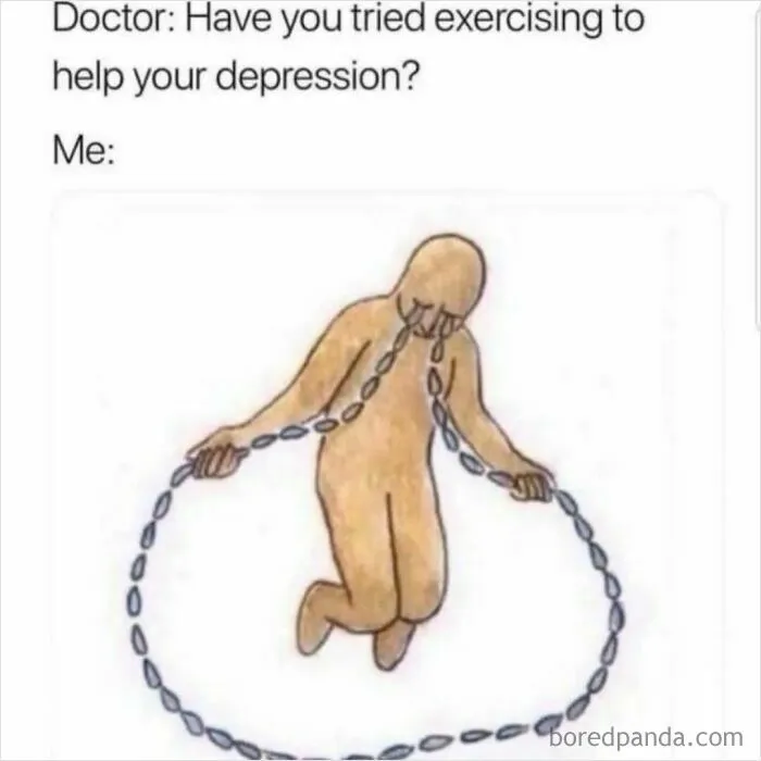Illustration about exercising through depression in hilariously relatable memes