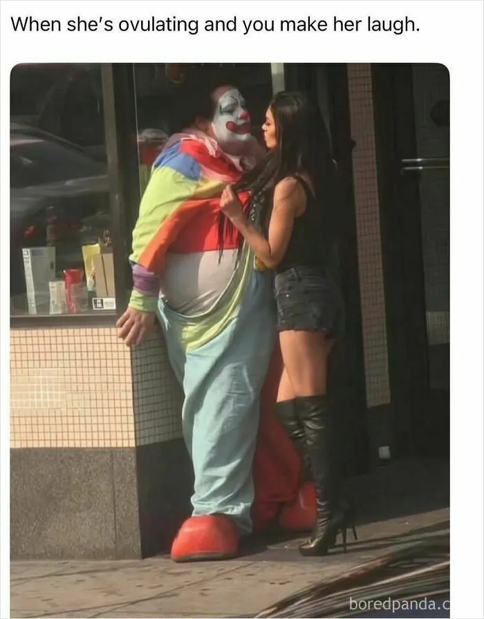 Hilariously relatable memes about trying to impress someone in a funny clown outfit