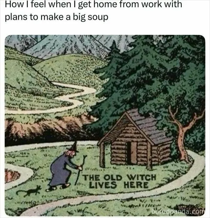 Relatable meme of a witch walking to a cabin representing coming home to make soup