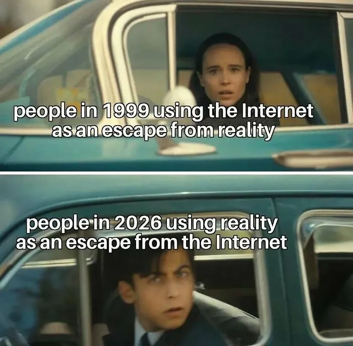 The Umbrella Academy car meme depicting people in 1999 and 2026, making a hilariously relatable point about the internet.