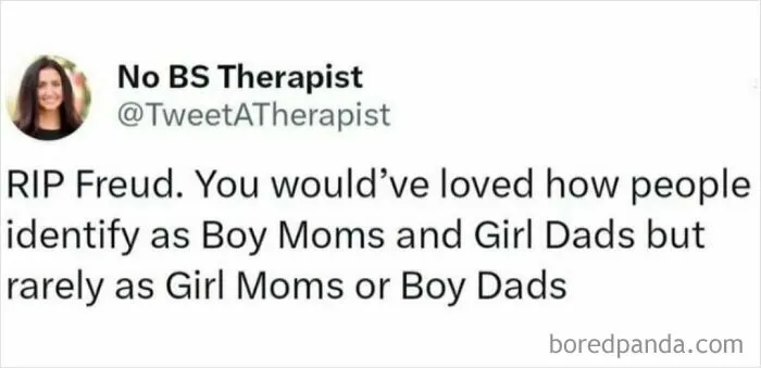 Funny tweet about Freud and parenting labels from hilariously relatable memes