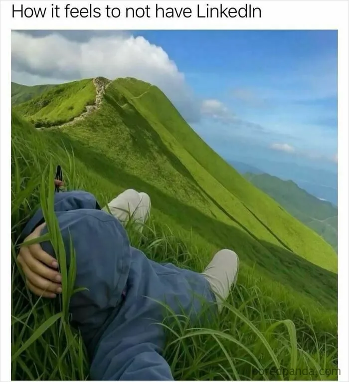 Relatable memes showing a person lying peacefully on a grassy green hill away from LinkedIn
