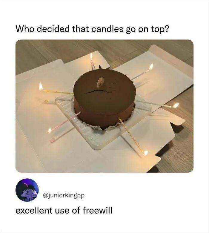 Funny relatable meme of a chocolate birthday cake with candles sticking out of the sides, representing freewill