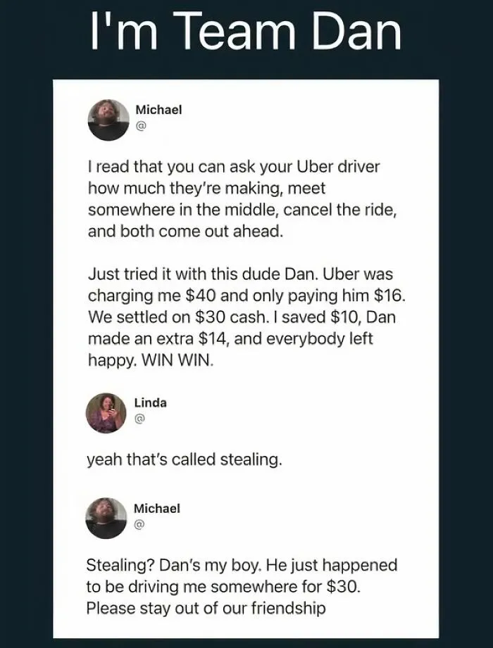 Uber rider shares story of negotiating fare with driver Dan in America