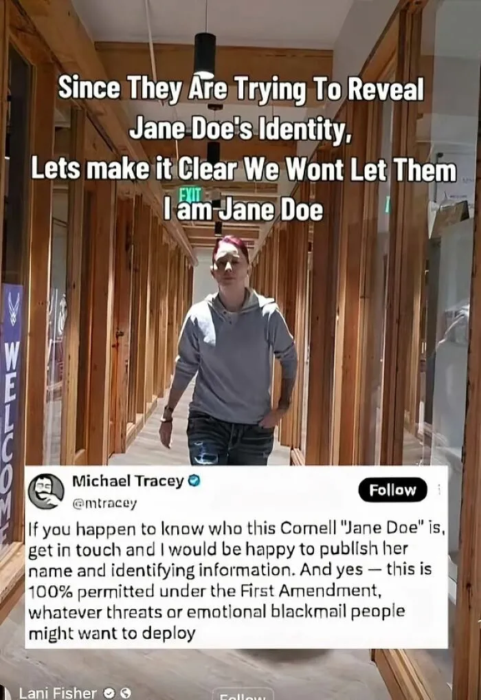 Post defending Jane Doe's identity against reveal attempts with tweet and person walking in hallway