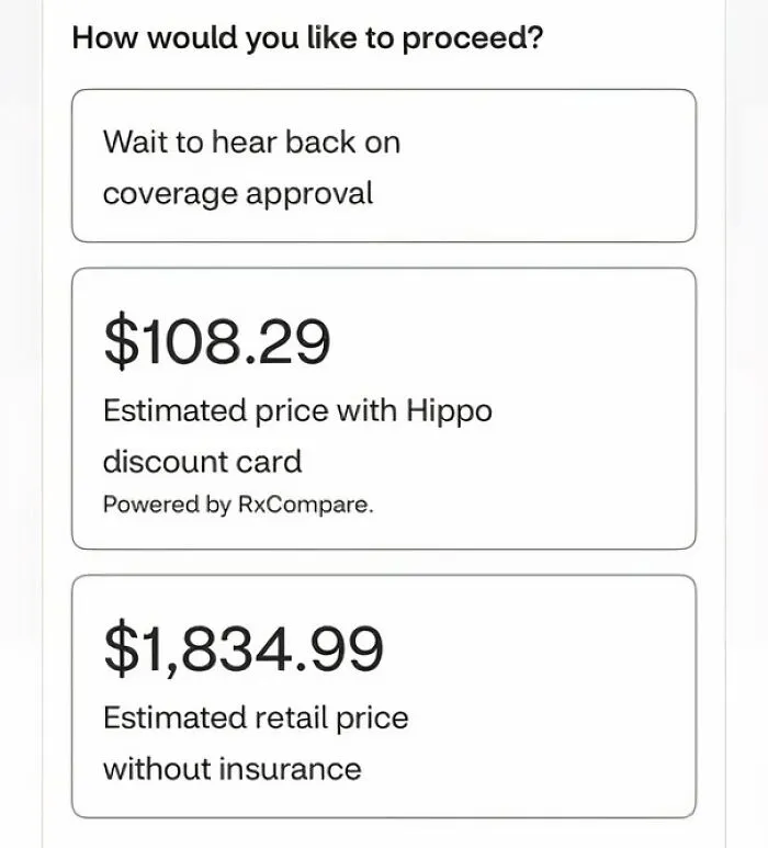Screen showing estimated drug prices with and without insurance