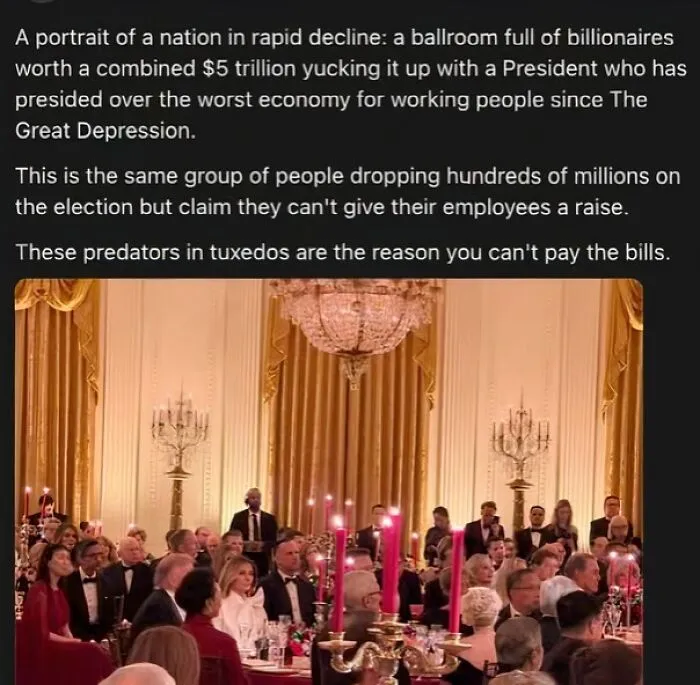 Caption about billionaires and president amid economic decline at formal event