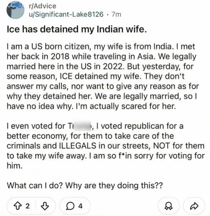 Reddit post about ICE detaining a US citizen's Indian wife in America