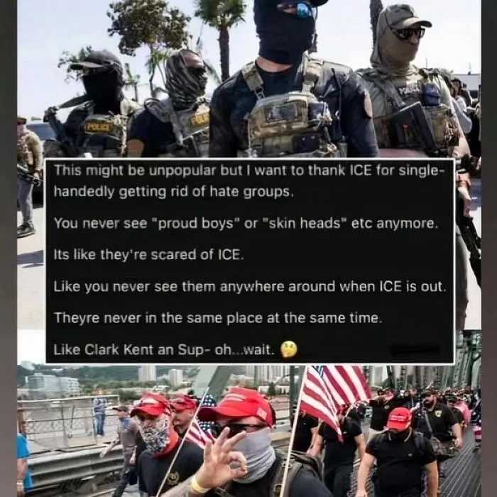 Masked police officers and protesters with American flags at a rally