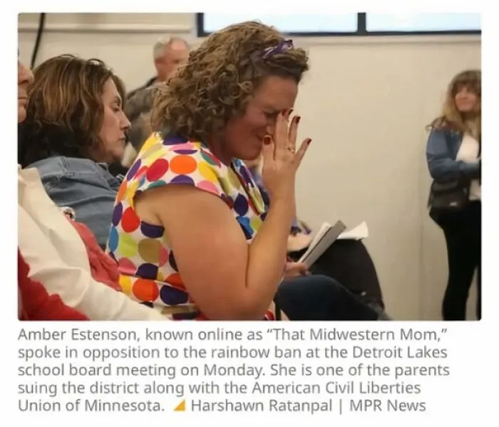 Woman emotional at school board meeting opposing rainbow ban in America
