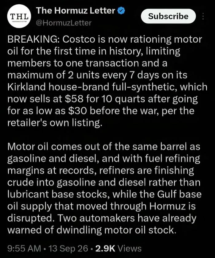Tweet about Costco rationing motor oil amid supply issues in America