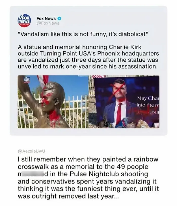 Fox News tweet on vandalism of Charlie Kirk statue in America