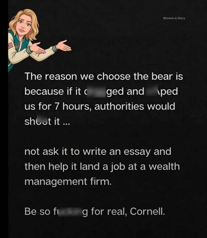 Text meme criticizing Cornell with illustrated woman and censored language