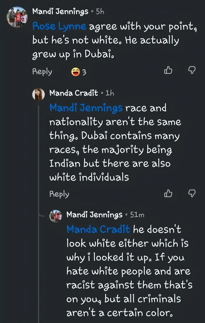 Comments discussing race and nationality differences related to Dubai and white people.