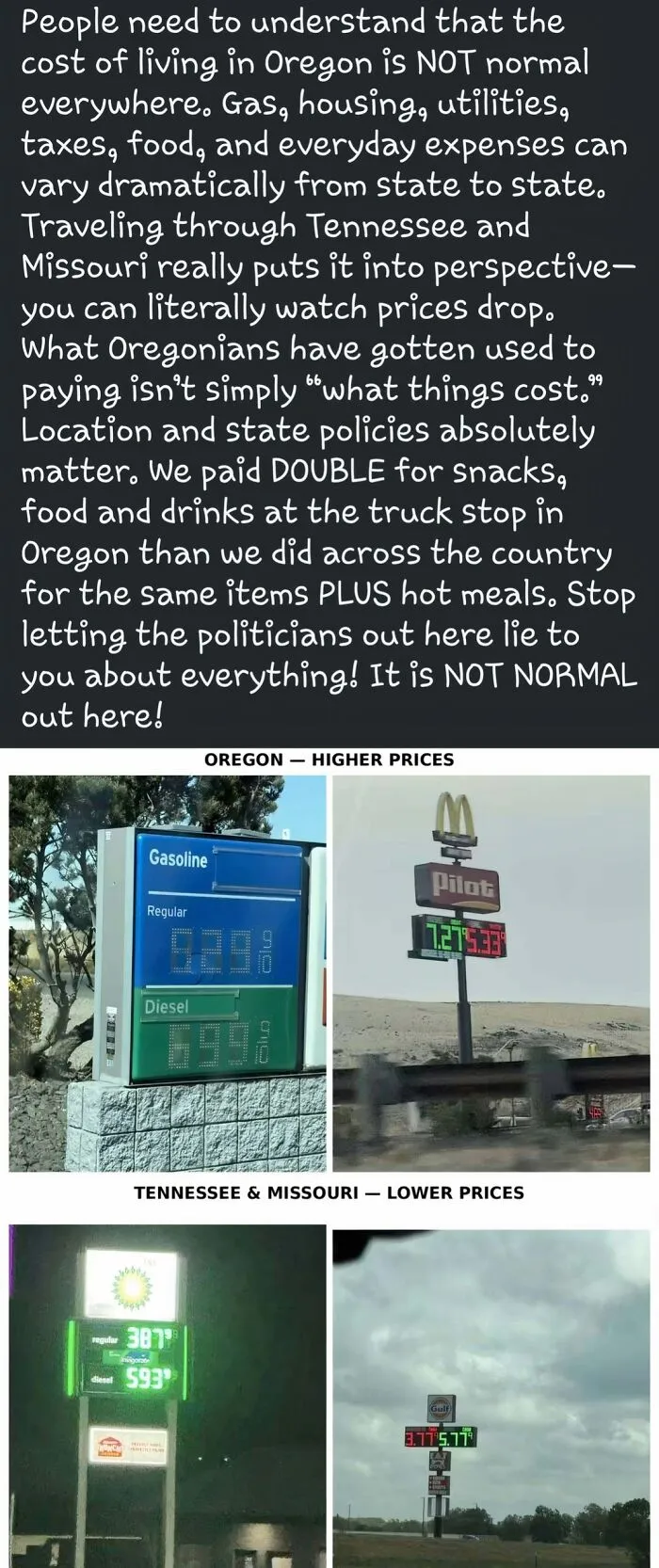 Comparison of higher Oregon living costs to lower prices in Tennessee and Missouri with gas station price signs.