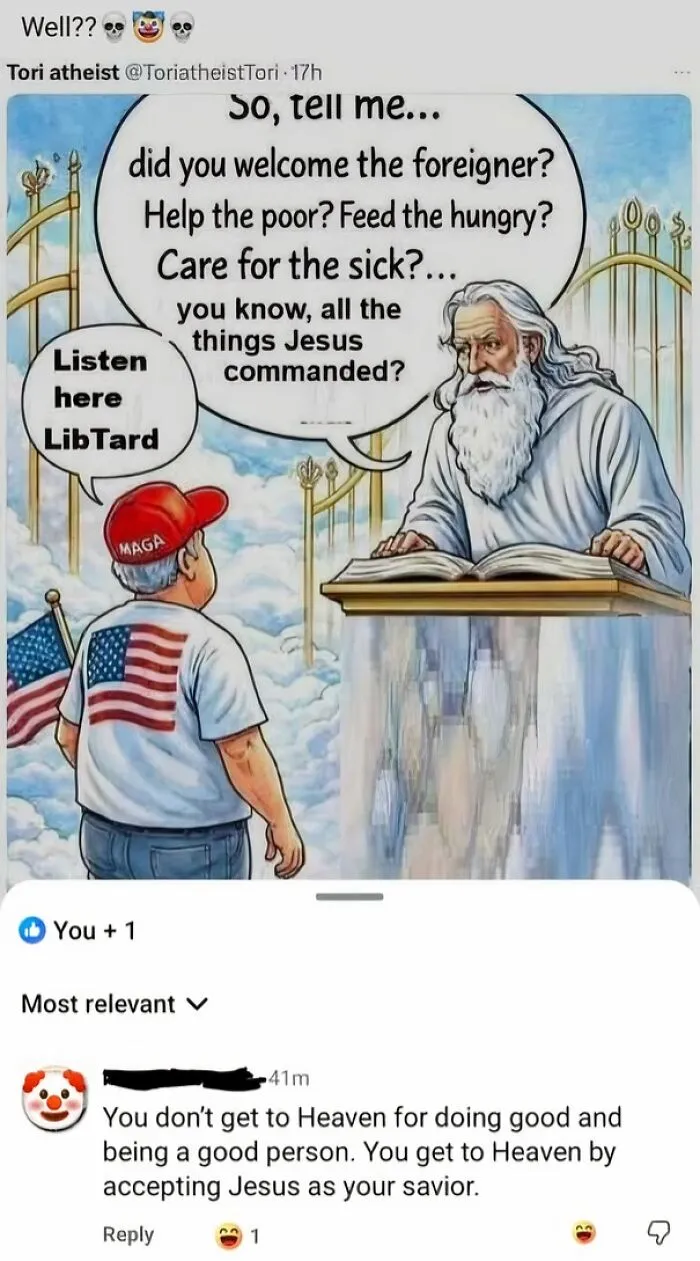 Cartoon showing MAGA supporter questioned about Christian values at heaven's gate
