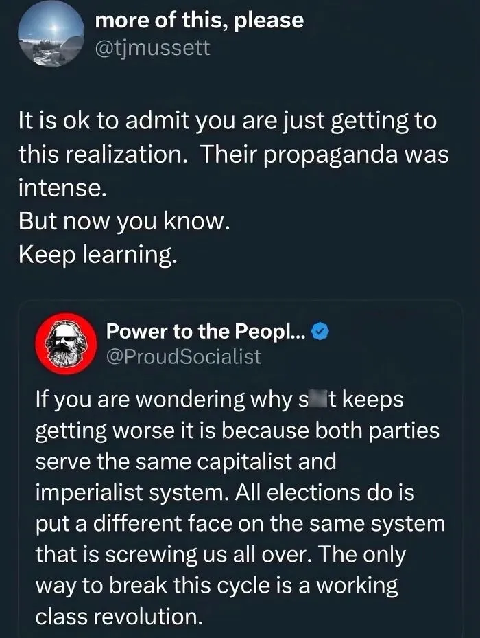 Socialist post about capitalist system flaw and need for working class revolution in America.