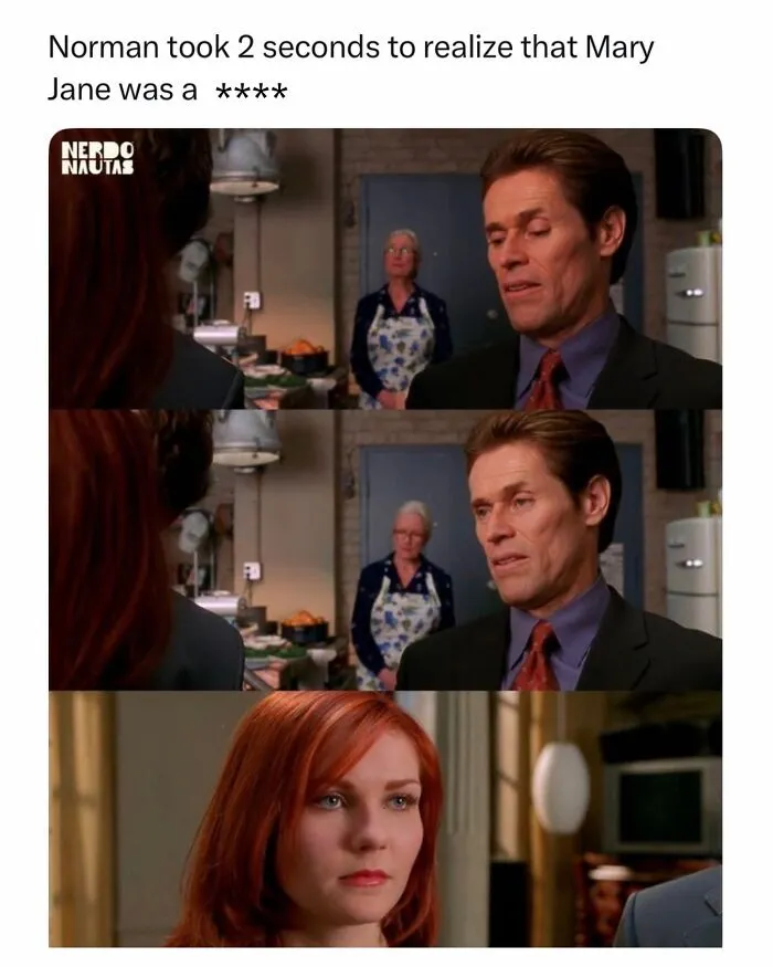 Funny and random posts meme showing Norman Osborn looking at Mary Jane in Spider-Man scene