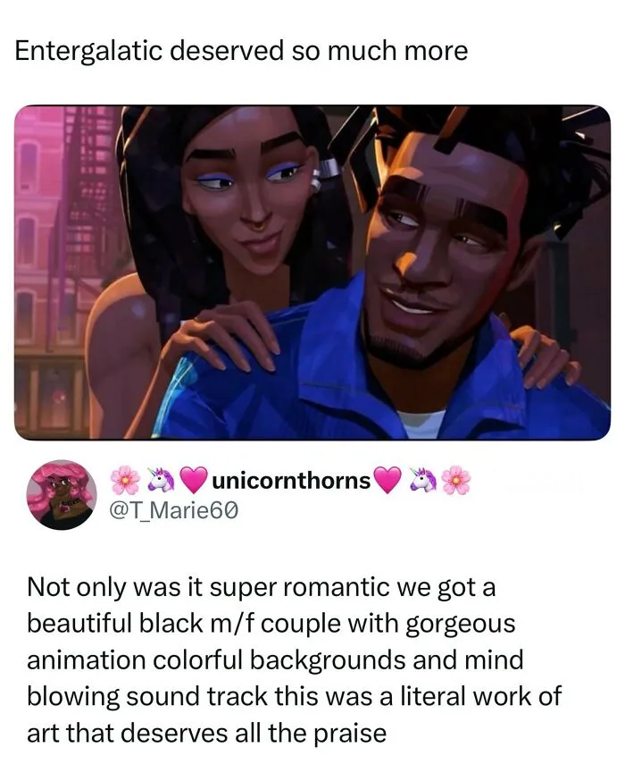 Random post praising the animation and romantic storyline of Entergalactic.